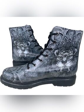 RAAD Combat Boots Mens 9 Womens 10.5 Gray Lion Mandala Goth Punk Lace Up
